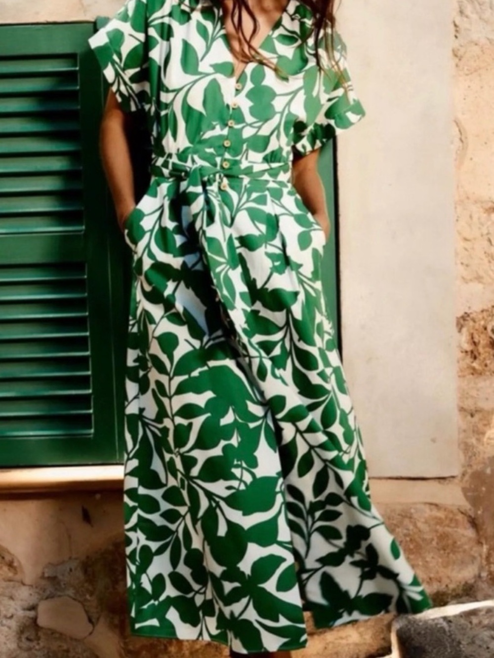 Zara Green White Leaf Print Belted Button Front Midi Dress NWT Size Medium M